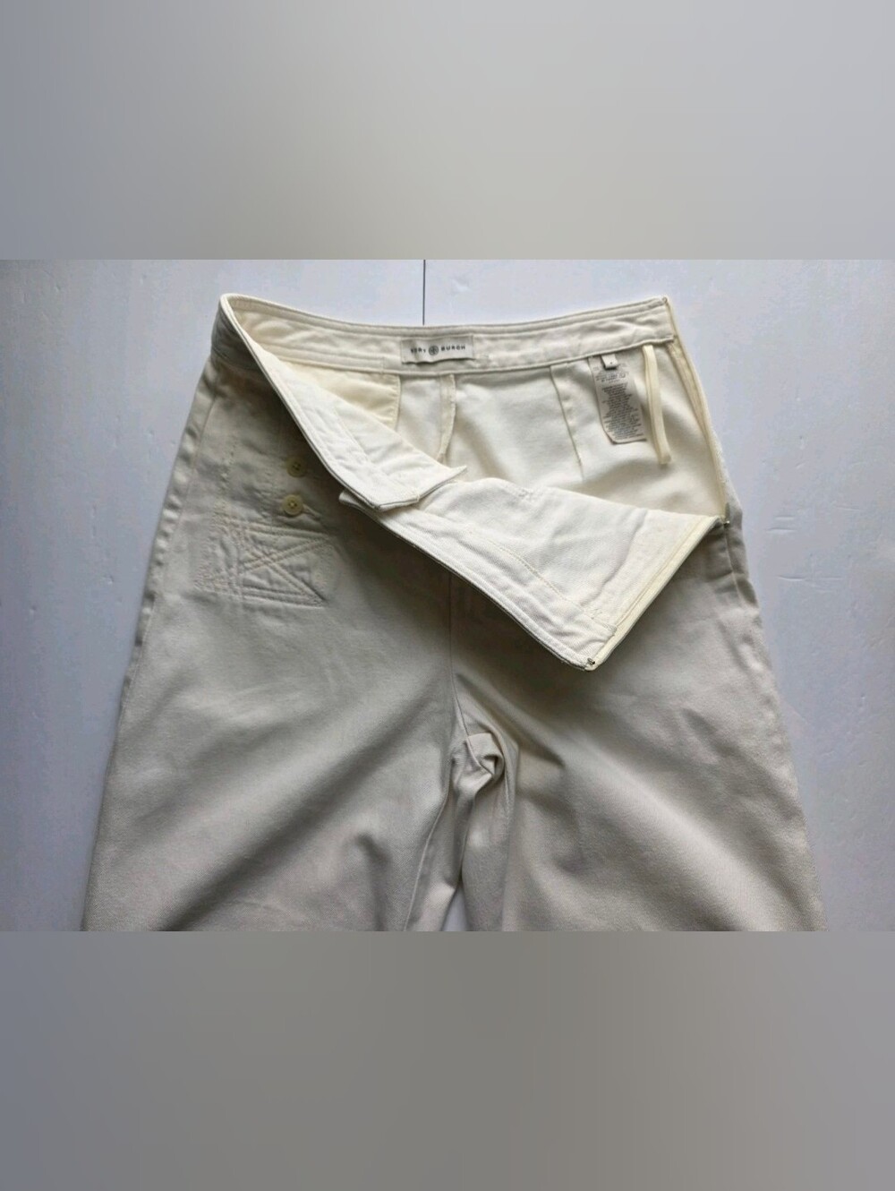 Tory Burch Button Detail Cropped Wide Leg Sailor Pants in Ivory Heavy Denim Sz 4 - Picture 3 of 15
